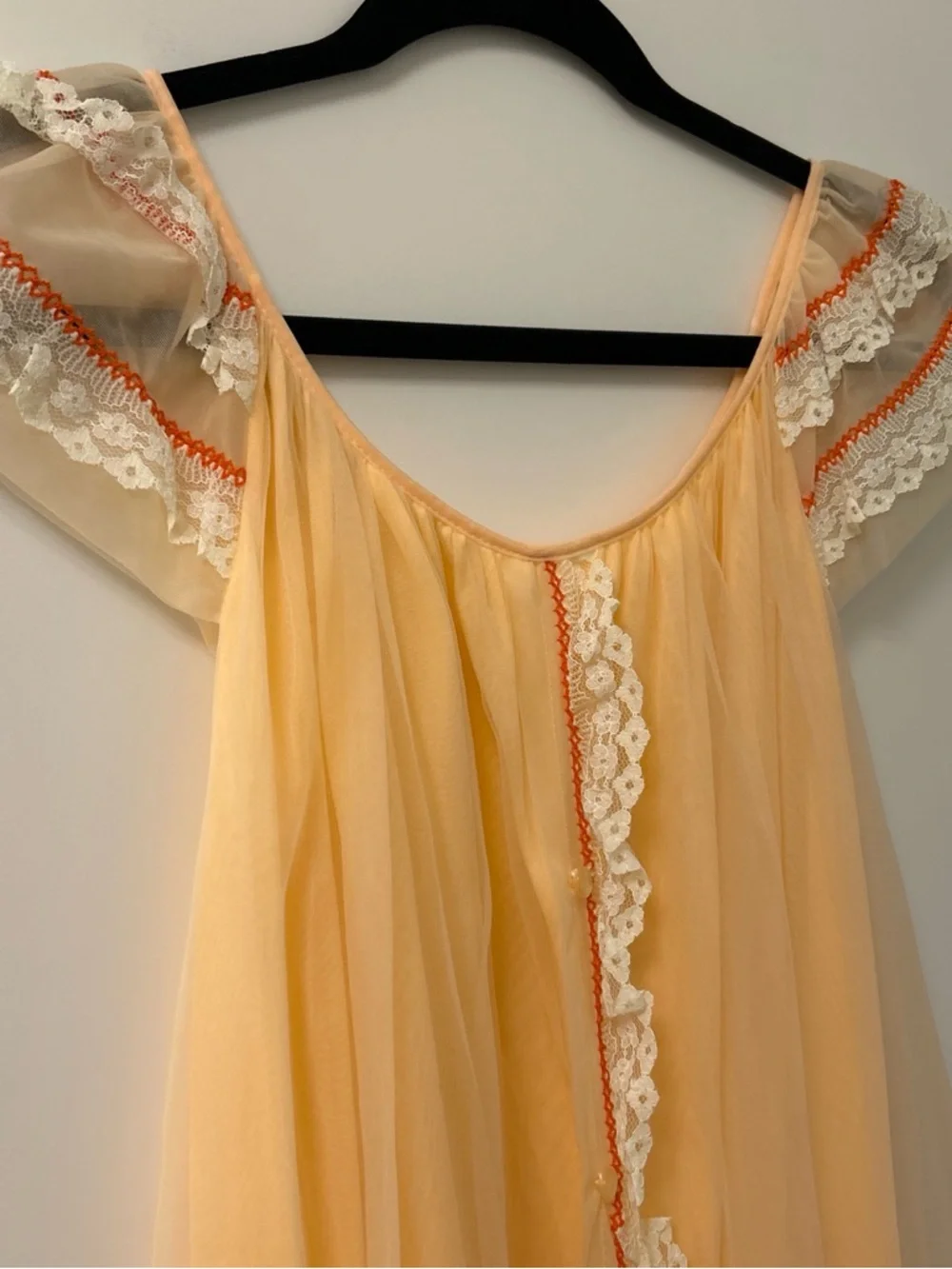 Vintage Sherbet Orange Lace Trim Chiffon Nightgown - Picture 3 of 5